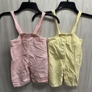 Vintage Baby Girl Overalls (Set of 2) Pink & Yellow Textured & Striped